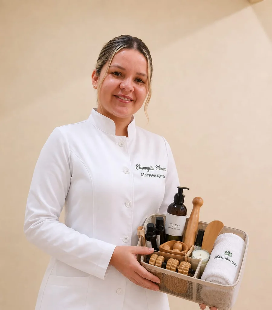 Elisangela Silveira, massoterapeuta e terapeuta integrativa, com o jaleco bordado com o seu nome