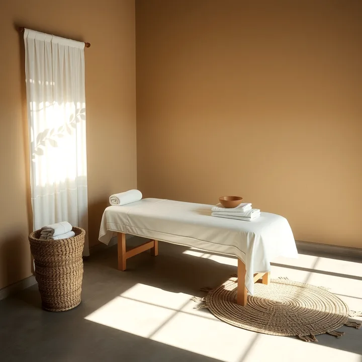 Maca de massagem preparada com lençol claro em uma sala tranquila